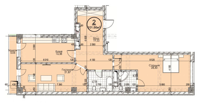 Планировка 2-комнатные квартиры, 101.86 m2 в ЖК Эркиндик, в г. Бишкека