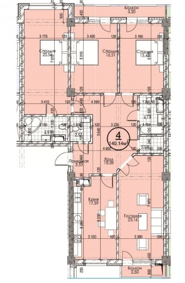Планировка 4-комнатные квартиры, 140.14 m2 в ЖК Эркиндик, в г. Бишкека