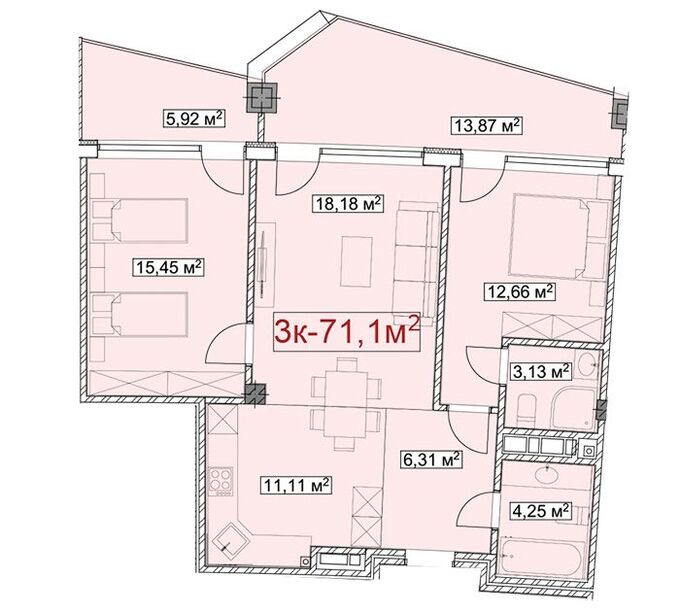 Планировка 3-комнатные квартиры, 71.1 m2 в КГ Imarat Resort, в г. Иссык-Кульского района