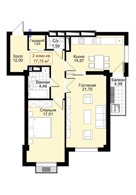 Планировка 2-комнатные квартиры, 77.75 m2 в ЖД Astoria, в г. Бишкека