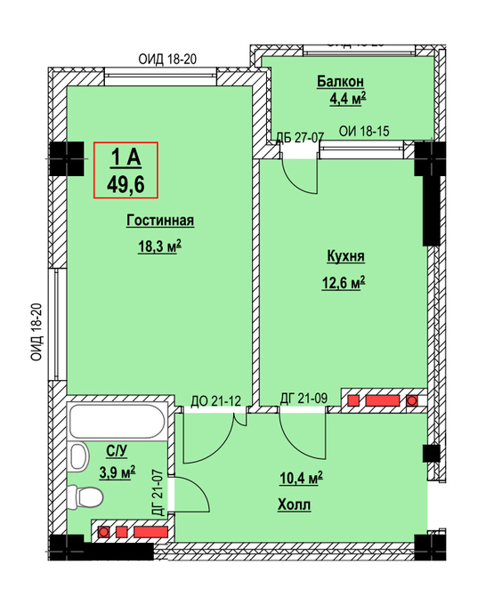 Планировка 1-комнатные квартиры, 49.6 m2 в ЖК Green Land, в г. Бишкека