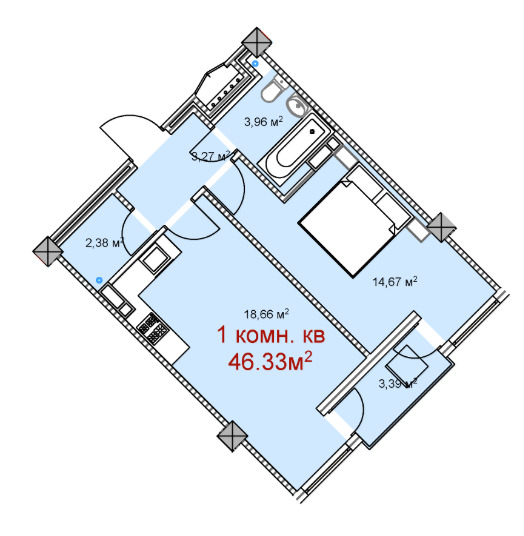 Планировка 1-комнатные квартиры, 46.33 m2 в ЖК Империал, в г. Бишкека