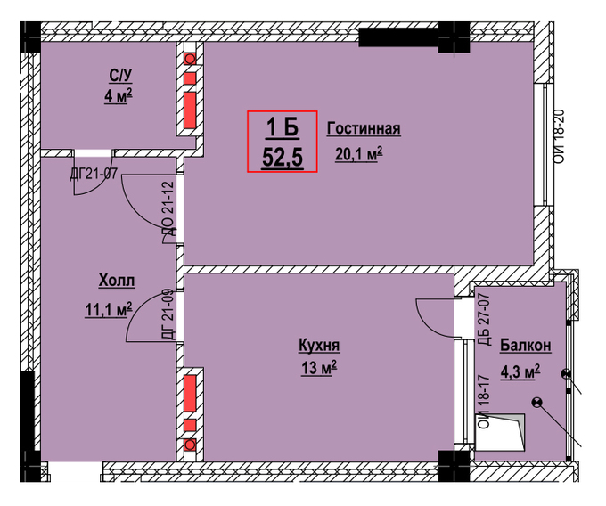 Планировка 1-комнатные квартиры, 52.5 m2 в ЖК Green Land, в г. Бишкека