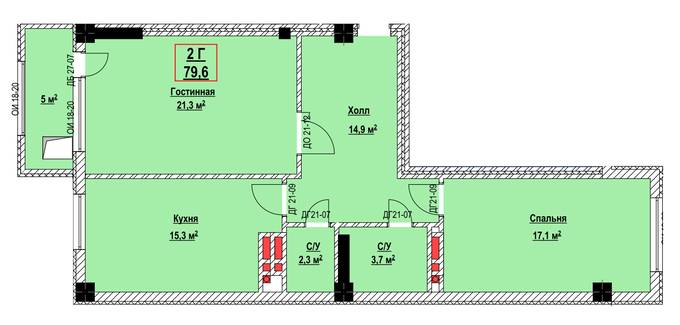 Планировка 2-комнатные квартиры, 79.6 m2 в ЖК Green Land, в г. Бишкека