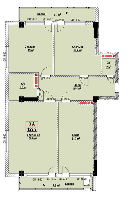 Планировка 3-комнатные квартиры, 129.9 m2 в ЖК Green Land, в г. Бишкека