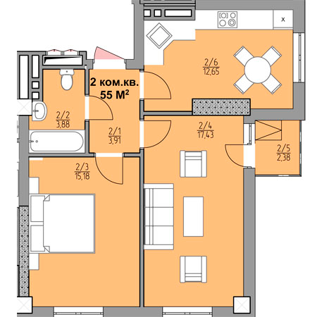 Планировка 2-комнатные квартиры, 55 m2 в ЖД Карпинка, в г. Бишкека