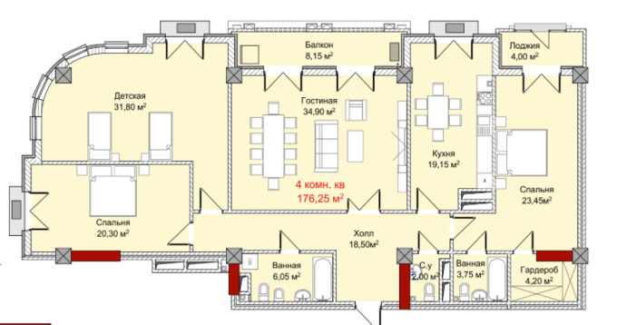 Планировка 4-комнатные квартиры, 176.25 m2 в ЖД Гранвиль, в г. Бишкека