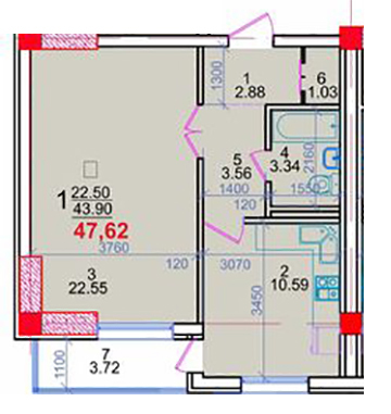 Планировка 1-комнатные квартиры, 47.62 m2 в ЖК Искендер, в г. Бишкека