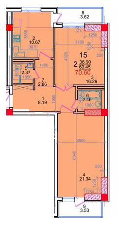 Планировка 2-комнатные квартиры, 70.6 m2 в ЖК Искендер, в г. Бишкека