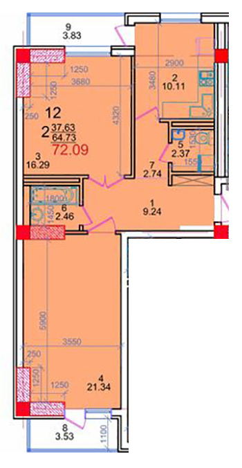 Планировка 2-комнатные квартиры, 72.09 m2 в ЖК Искендер, в г. Бишкека