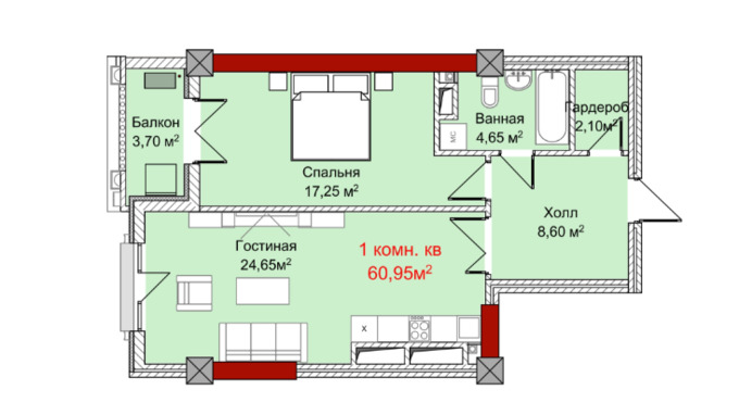 Планировка 1-комнатные квартиры, 60.95 m2 в ЖД Гранвиль, в г. Бишкека