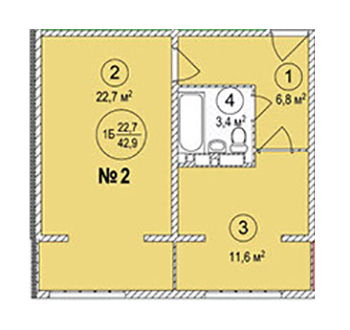 Планировка 1-комнатные квартиры, 42.9 m2 в ЖК Фрунзенец, в г. Бишкека