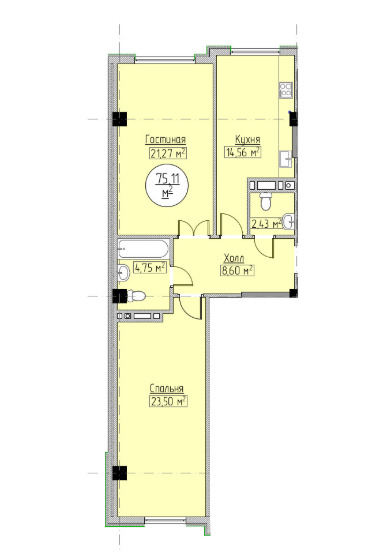 Планировка 2-комнатные квартиры, 75.11 m2 в ЖК Поларис Плюс, в г. Бишкека