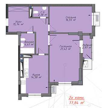 Планировка 2-комнатные квартиры, 77.84 m2 в ЖК Avangard CITY, в г. Бишкека