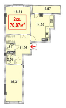 Планировка 2-комнатные квартиры, 70.87 m2 в ЖД Аламедин, в г. Бишкека