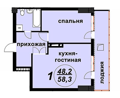 Планировка 1-комнатные квартиры, 58.3 m2 в ЖД Уметалиева - Киевская, в г. Бишкека