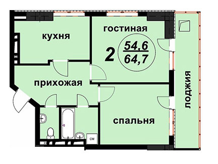 Планировка 2-комнатные квартиры, 64.7 m2 в ЖД Уметалиева - Киевская, в г. Бишкека