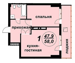 Планировка 1-комнатные квартиры, 58 m2 в ЖД Уметалиева - Киевская, в г. Бишкека