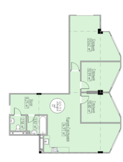 Планировка 4-комнатные квартиры, 92.03 m2 в ЖК Поларис Плюс, в г. Бишкека