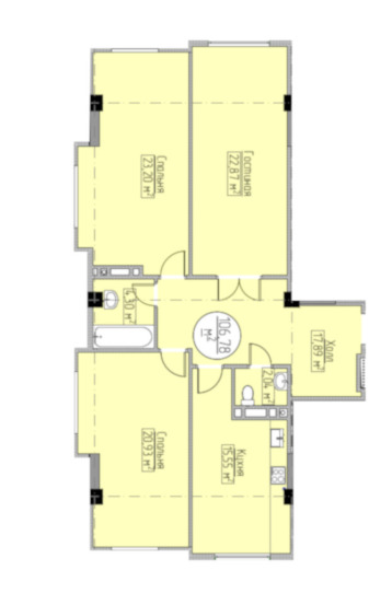 Планировка 3-комнатные квартиры, 106.78 m2 в ЖК Поларис Плюс, в г. Бишкека