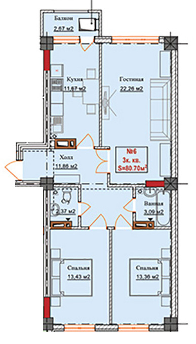 Планировка 3-комнатные квартиры, 80.7 m2 в ЖК Кунгей 2, в г. Бишкека