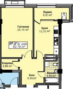 Планировка 1-комнатные квартиры, 62.78 m2 в ЖК Оникс, в г. Бишкека