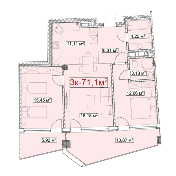 Планировка 3-комнатные квартиры, 71.1 m2 в КГ Imarat Resort, в г. Иссык-Кульского района