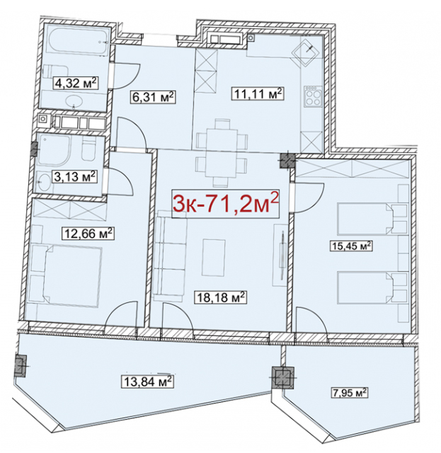 Планировка 3-комнатные квартиры, 71.2 m2 в КГ Imarat Resort, в г. Иссык-Кульского района