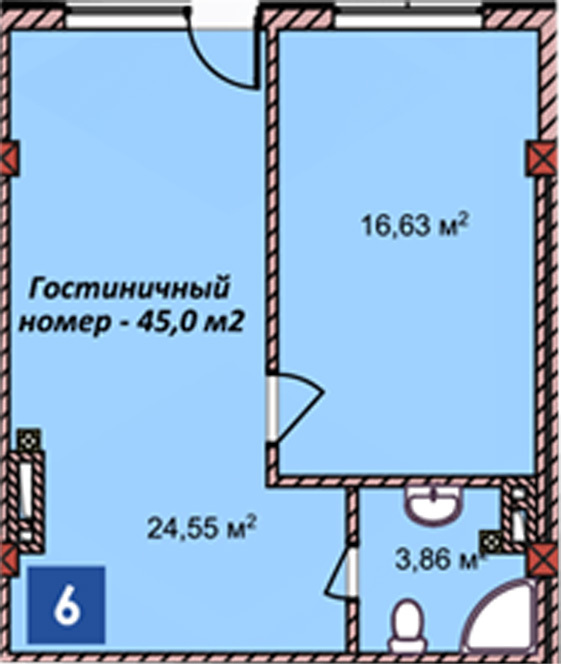 Планировка 1-комнатные квартиры, 45 m2 в ЖК Центр Отдыха Радуга, в г. Иссык-Кульского района