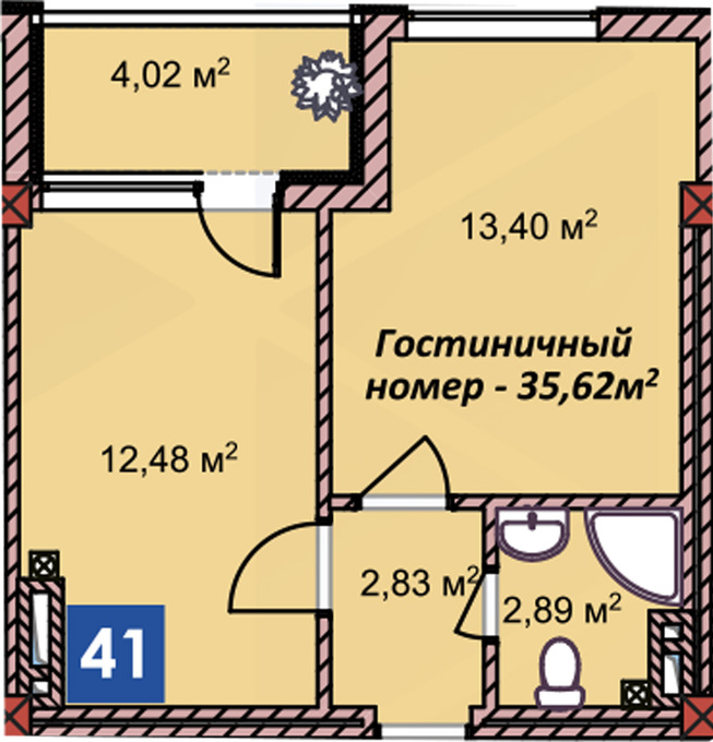 Планировка 1-комнатные квартиры, 35.62 m2 в ЖК Центр Отдыха Радуга, в г. Иссык-Кульского района