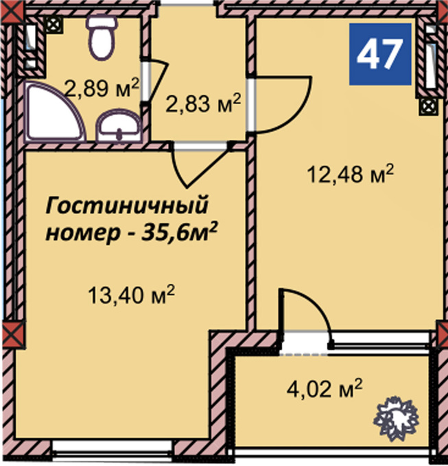 Планировка 1-комнатные квартиры, 35.6 m2 в ЖК Центр Отдыха Радуга, в г. Иссык-Кульского района