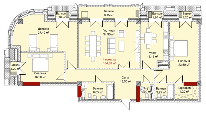 Планировка 4-комнатные квартиры, 164.6 m2 в ЖД Гранвиль, в г. Бишкека
