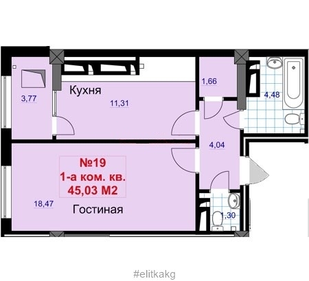 Планировка 1-комнатные квартиры, 45.03 m2 в ЖК Кара-жыгач, в г. Бишкека