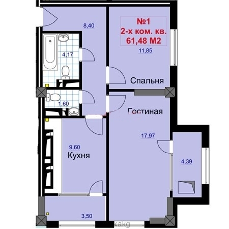 Планировка 2-комнатные квартиры, 61.48 m2 в ЖК Кара-жыгач, в г. Бишкека
