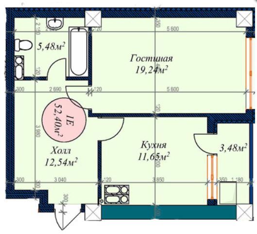 Планировка 1-комнатные квартиры, 52.4 m2 в ЖК 12th Avenue Residence, в г. Бишкека