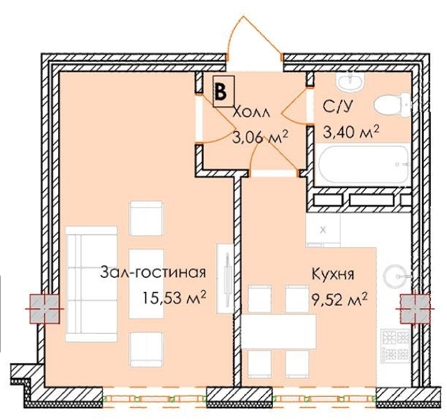 Планировка 1-комнатные квартиры, 31.51 m2 в ЖК Салкын-Тор, в г. Бишкека