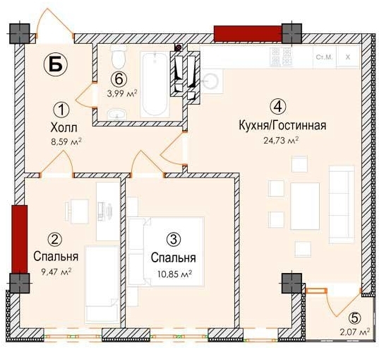 Планировка 2-комнатные квартиры, 59.7 m2 в ЖК Алтын Казык, в г. Бишкека