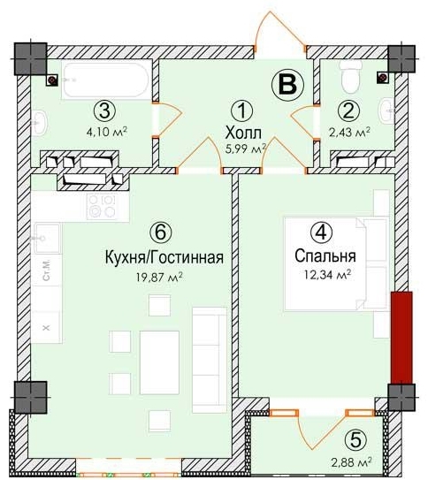 Планировка 1-комнатные квартиры, 50.75 m2 в ЖК Алтын Казык, в г. Бишкека