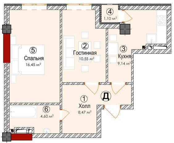 Планировка 2-комнатные квартиры, 50.31 m2 в ЖК Алтын Казык, в г. Бишкека