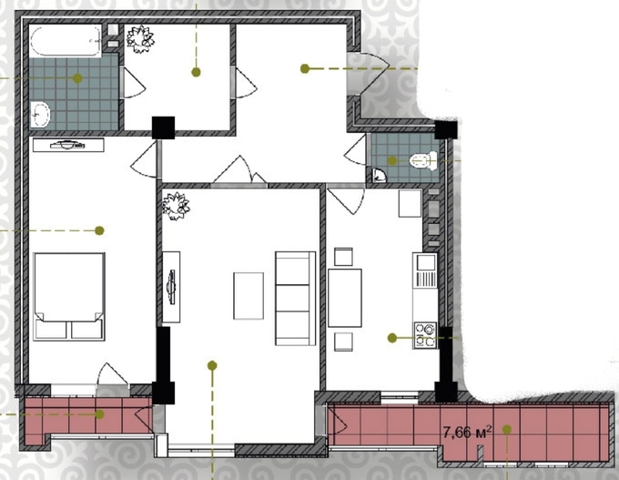 Планировка 2-комнатные квартиры, 81.16 m2 в ЖК ANAR Residence, в г. Оша