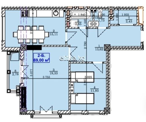 Планировка 2-комнатные квартиры, 69 m2 в ЖК Южный, в г. Бишкека