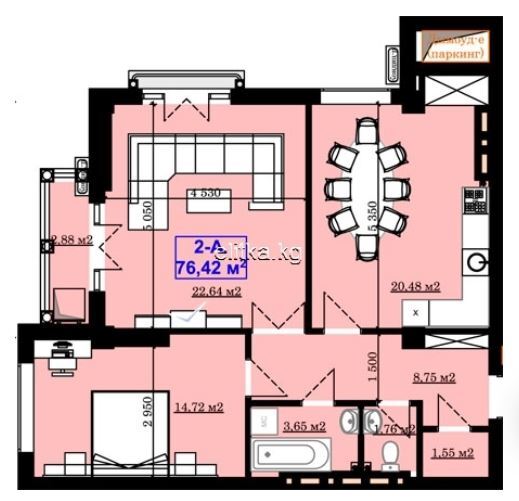 Планировка 2-комнатные квартиры, 76.42 m2 в ЖК Южный, в г. Бишкека