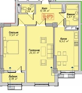 Планировка 2-комнатные квартиры, 82.82 m2 в ЖК Арбат, в г. Бишкека