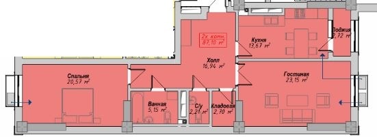 Планировка 2-комнатные квартиры, 87.18 m2 в ЖК Арбат, в г. Бишкека