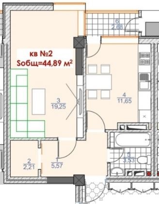 Планировка 1-комнатные квартиры, 44.89 m2 в ЖД Манас, в г. Бишкека