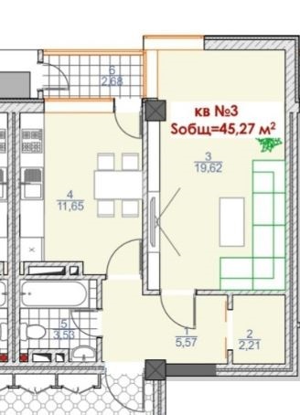 Планировка 1-комнатные квартиры, 45.27 m2 в ЖД Манас, в г. Бишкека
