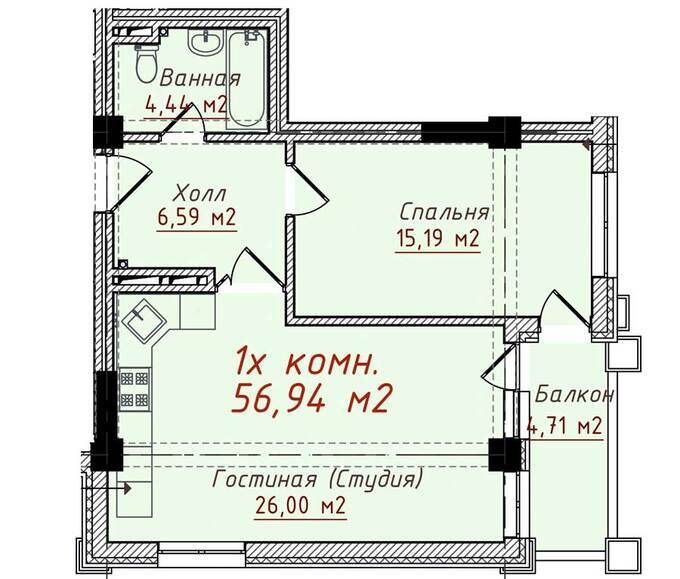 Планировка 1-комнатные квартиры, 56.94 m2 в ЖД Коёнкозова 48-48А, в г. Бишкека