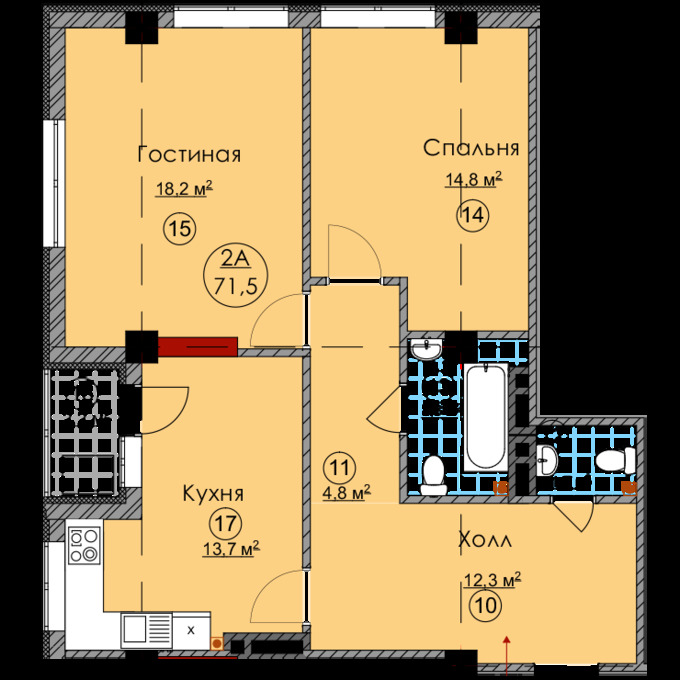 Планировка 2-комнатные квартиры, 71.5 m2 в ЖК Семейный, в г. Бишкека