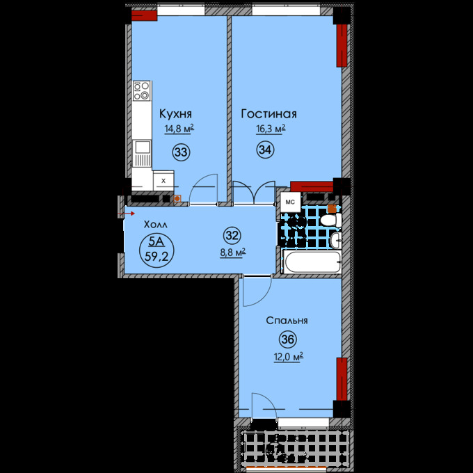 Планировка 2-комнатные квартиры, 59.2 m2 в ЖК Семейный, в г. Бишкека