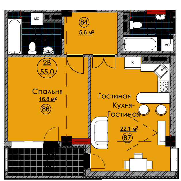 Планировка 1-комнатные квартиры, 55 m2 в ЖК Семейный, в г. Бишкека